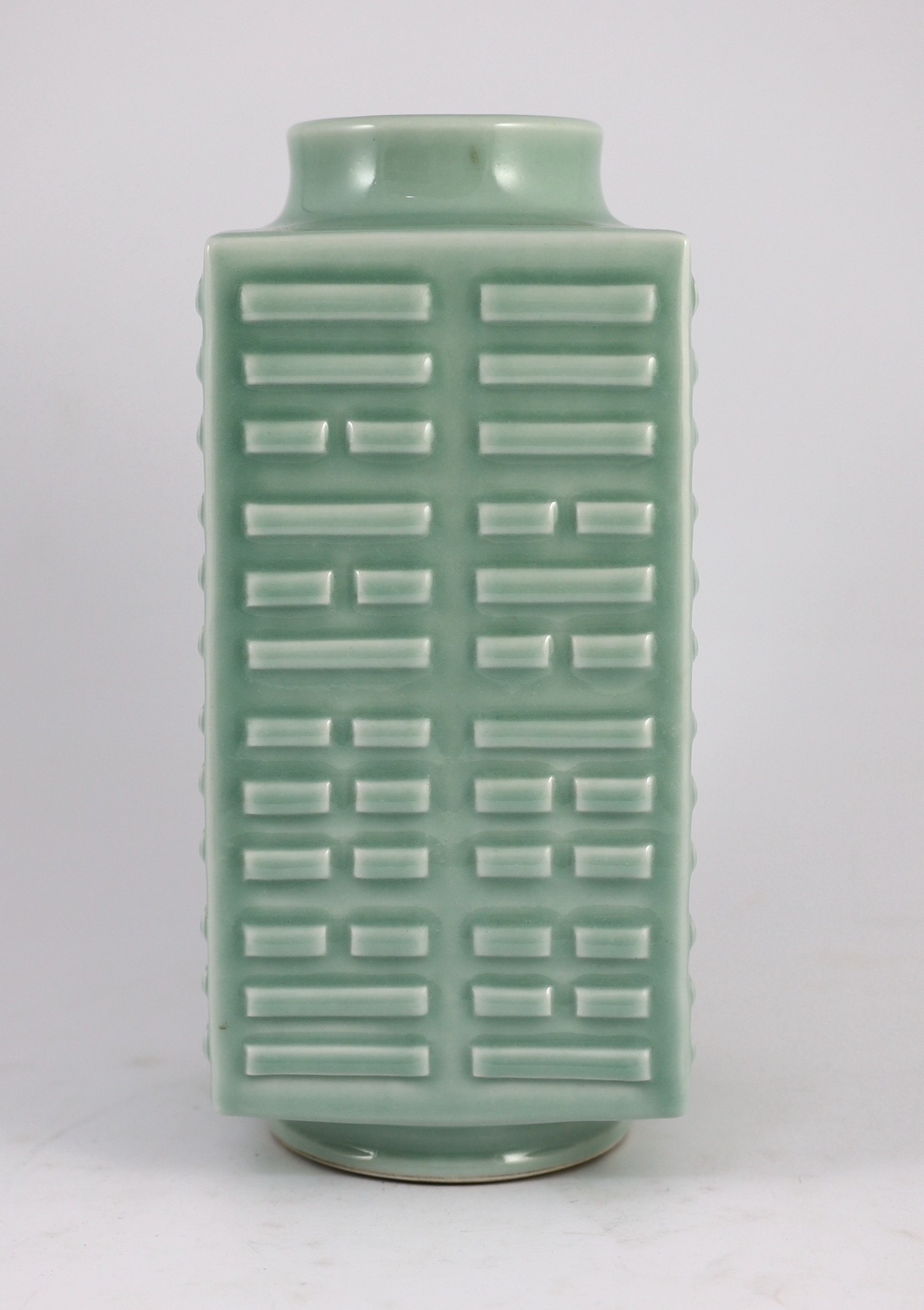 A Chinese celadon glazed ‘eight trigrams’ square vase, cong, Guangxu six character mark probably later, 30cm high